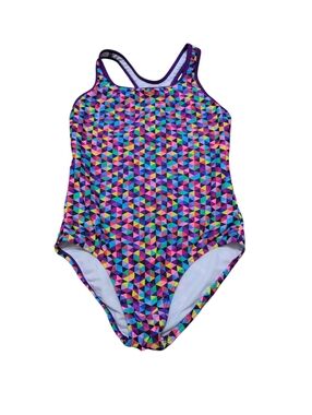 Speedo Multicolor Geometric Pattern Swimsuit Racerback Girls Size 12